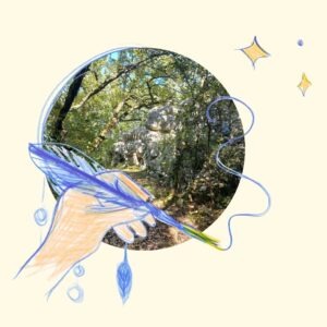 Forêt primaire du Bois de Païolive avec chênes, rochers et mousses luxuriantes, symbole de biodiversité naturelle et humaine.