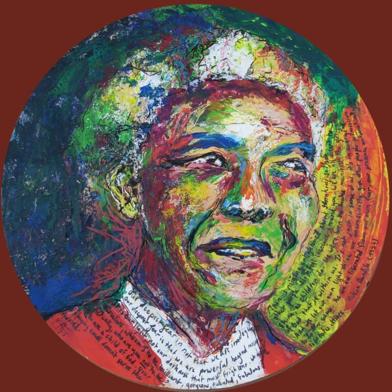 Portrait peint de Nelson Mandela par Corinne Spielewoy, symbole de lumière intérieure et d’inspiration à oser rayonner