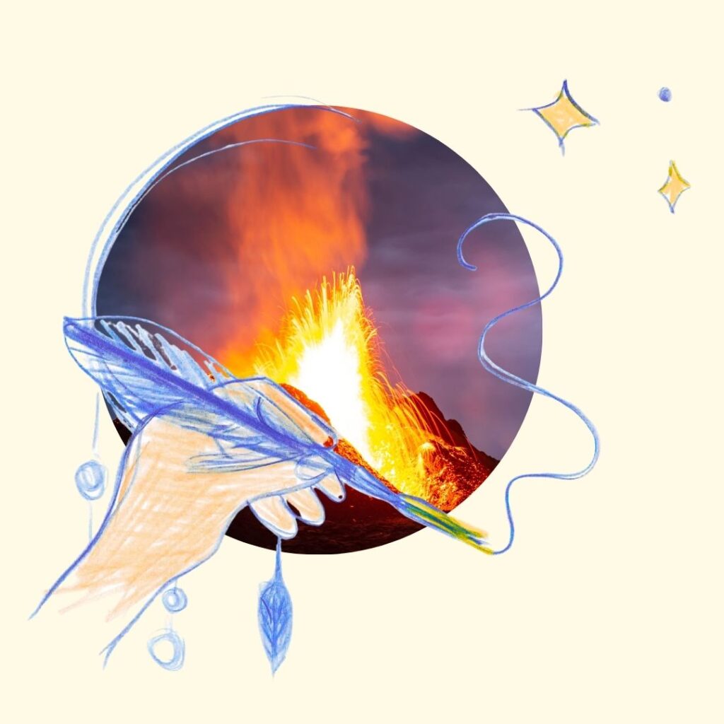 Volcan en éruption maîtrisée, évoquant la montée d’un feu intérieur et d’une clarté politique.