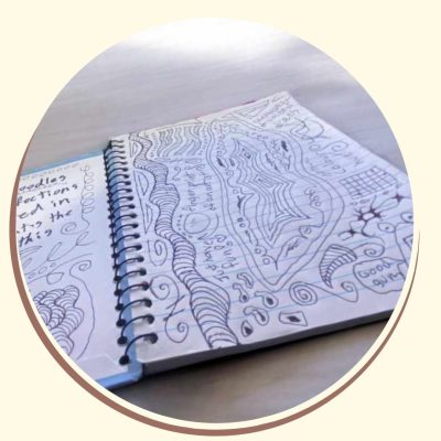 carnet ouvert avec un brouillon créatif, représentation du processus intérieur